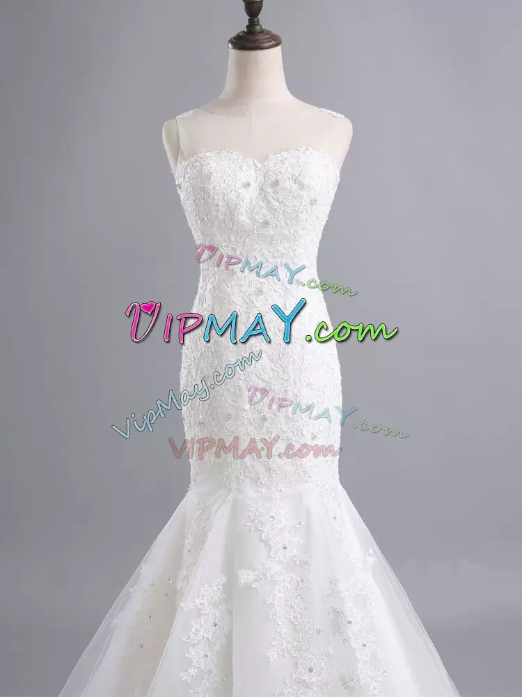 Fabulous Mermaid Sleeveless White Wedding Dress Brush Train Zipper