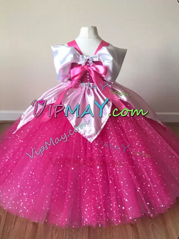Tulle Off The Shoulder Short Sleeves Zipper Sequins Kids Pageant Dress in Fuchsia