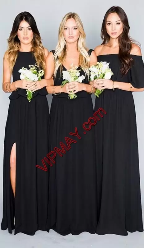 Black Empire Chiffon High-neck Sleeveless Ruching Floor Length Wedding Guest Dresses