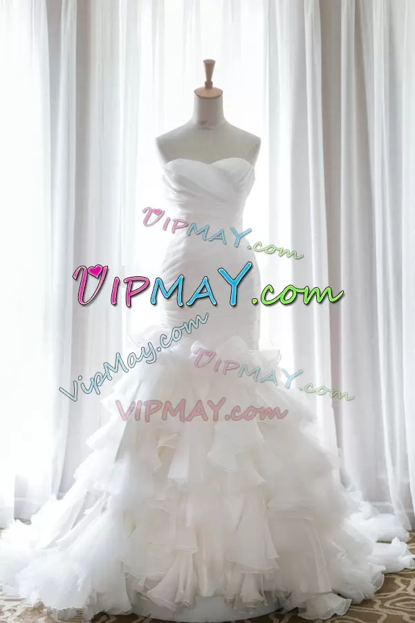 Sweetheart Sleeveless Organza Wedding Dresses Ruffled Layers and Ruching and Belt Court Train Lace Up