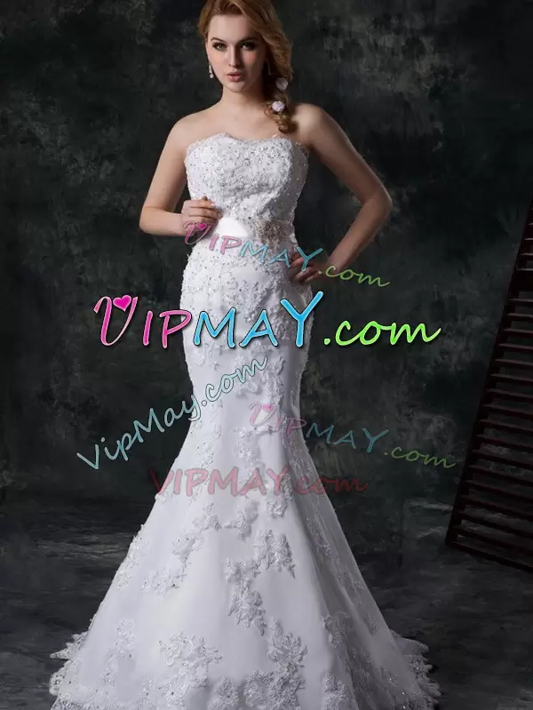 White Mermaid Lace Sweetheart Sleeveless Beading and Appliques and Bowknot and Belt Lace Up Wedding Gowns Brush Train