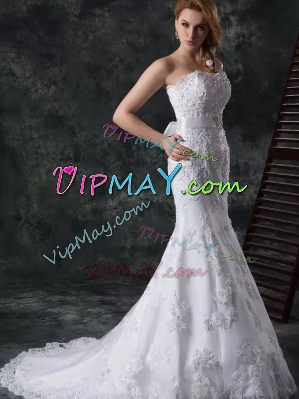 White Mermaid Lace Sweetheart Sleeveless Beading and Appliques and Bowknot and Belt Lace Up Wedding Gowns Brush Train