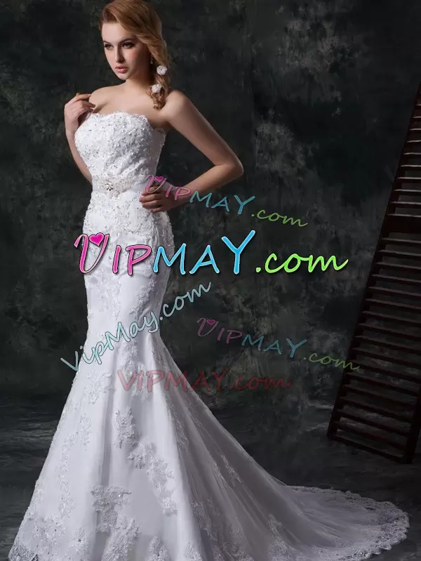 White Mermaid Lace Sweetheart Sleeveless Beading and Appliques and Bowknot and Belt Lace Up Wedding Gowns Brush Train