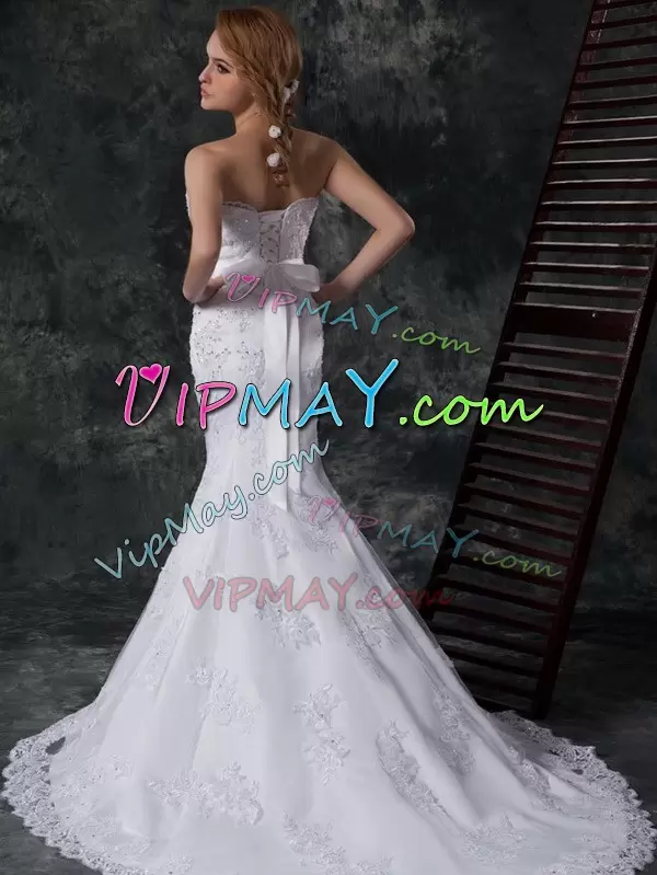 White Mermaid Lace Sweetheart Sleeveless Beading and Appliques and Bowknot and Belt Lace Up Wedding Gowns Brush Train