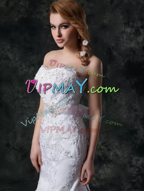 White Mermaid Lace Sweetheart Sleeveless Beading and Appliques and Bowknot and Belt Lace Up Wedding Gowns Brush Train