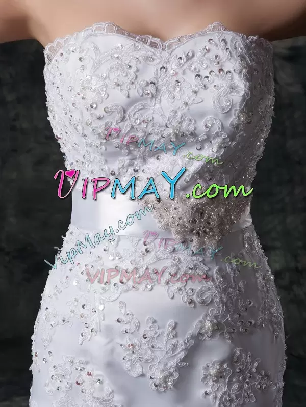 White Mermaid Lace Sweetheart Sleeveless Beading and Appliques and Bowknot and Belt Lace Up Wedding Gowns Brush Train