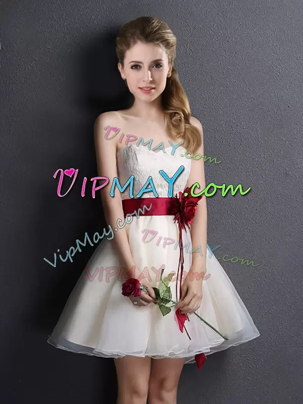 Luxury Organza Sweetheart Sleeveless Lace Up Lace and Hand Made Flower Wedding Party Dress in Champagne