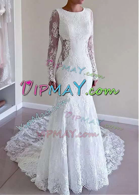 Scoop Long Sleeves Lace Wedding Dress Lace Court Train Backless