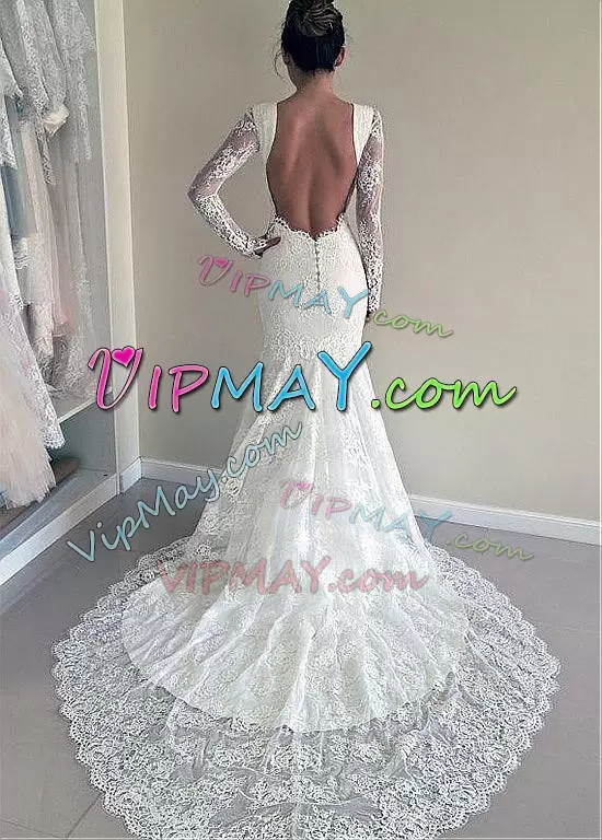 Scoop Long Sleeves Lace Wedding Dress Lace Court Train Backless