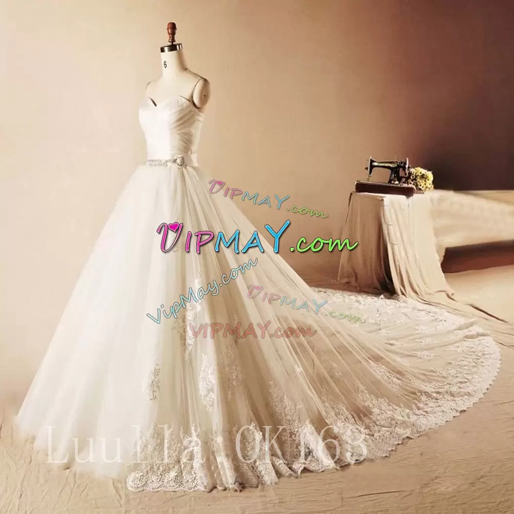 White A-line Sweetheart Sleeveless Beading and Appliques Lace Up Wedding Dress Sweep Train