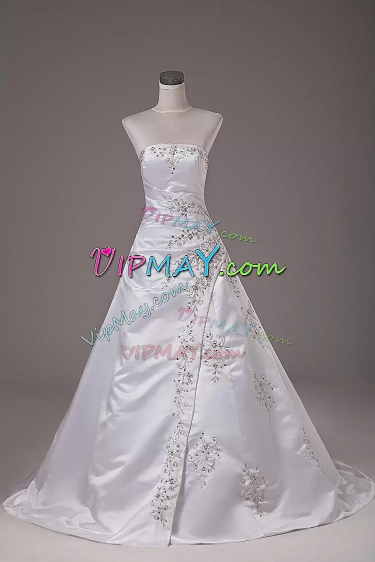 Superior Satin Strapless Sleeveless Brush Train Lace Up Beading Wedding Dresses in White