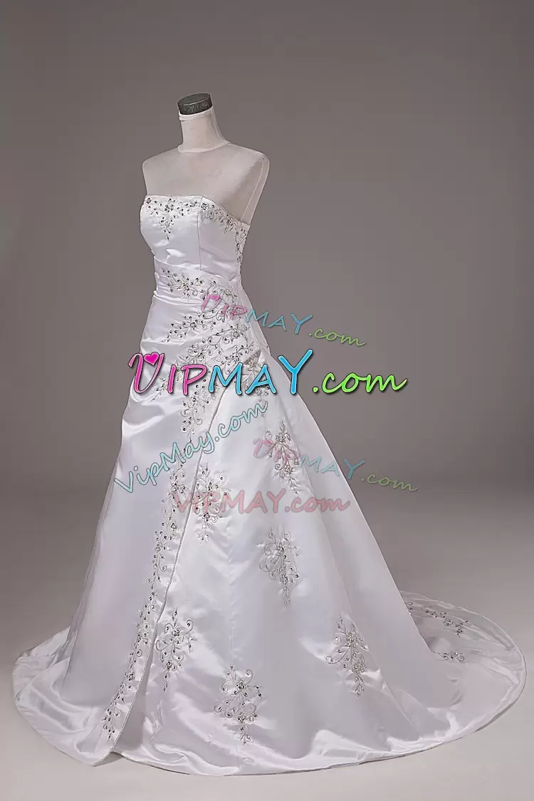 Superior Satin Strapless Sleeveless Brush Train Lace Up Beading Wedding Dresses in White