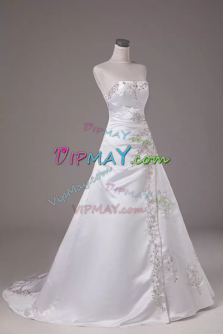 Superior Satin Strapless Sleeveless Brush Train Lace Up Beading Wedding Dresses in White