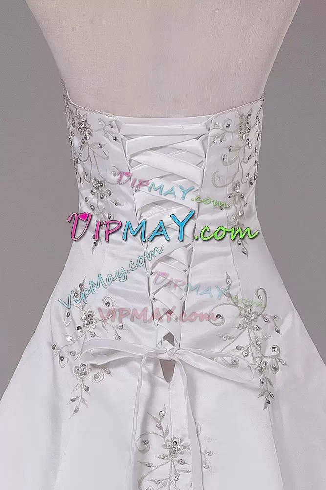 Superior Satin Strapless Sleeveless Brush Train Lace Up Beading Wedding Dresses in White