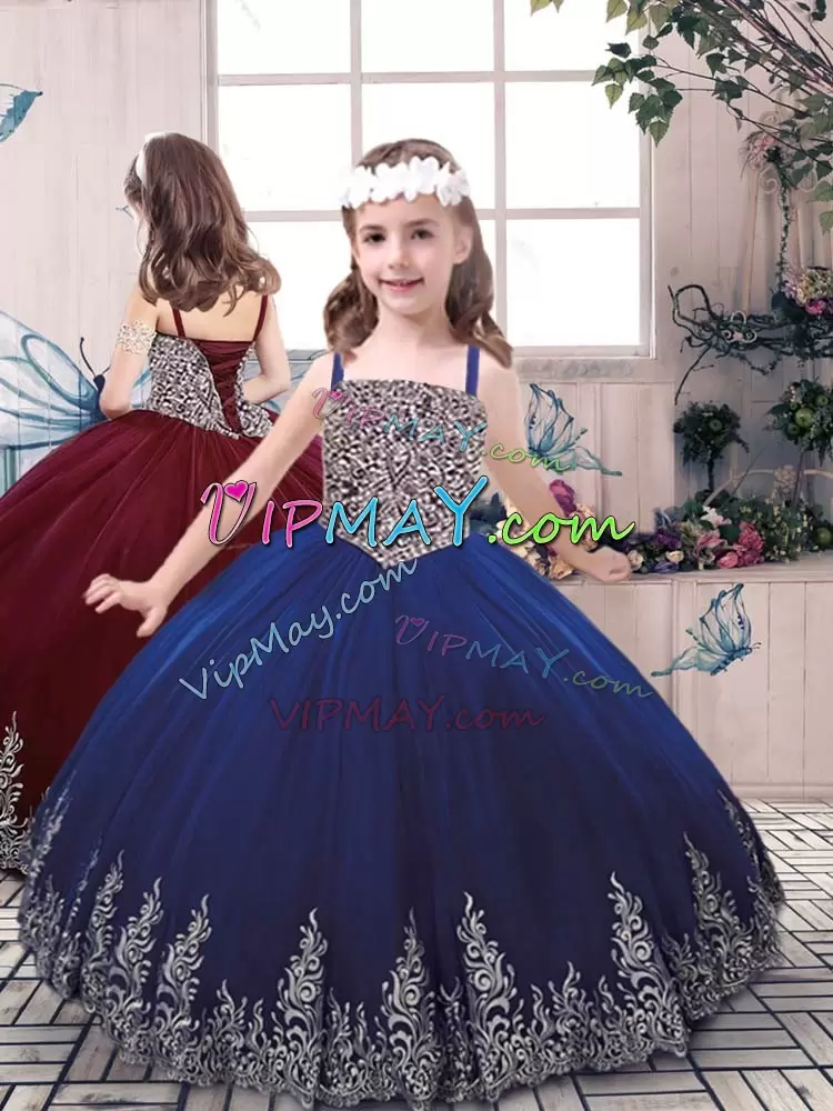 Exquisite Blue Ball Gowns Straps Sleeveless Tulle Floor Length Lace Up Beading and Embroidery Pageant Dress Toddler