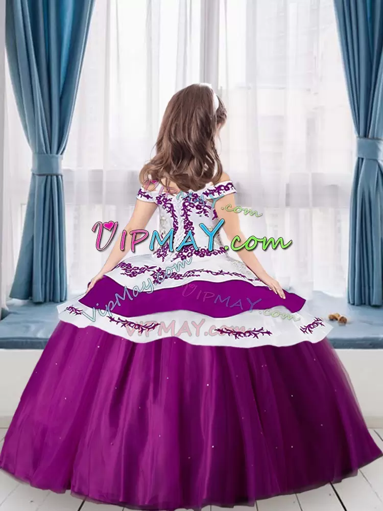 Fuchsia Ball Gowns Embroidery Pageant Dress Lace Up Tulle Sleeveless Floor Length