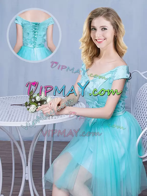 Captivating Knee Length Empire Cap Sleeves Aqua Blue Bridesmaids Dress Lace Up