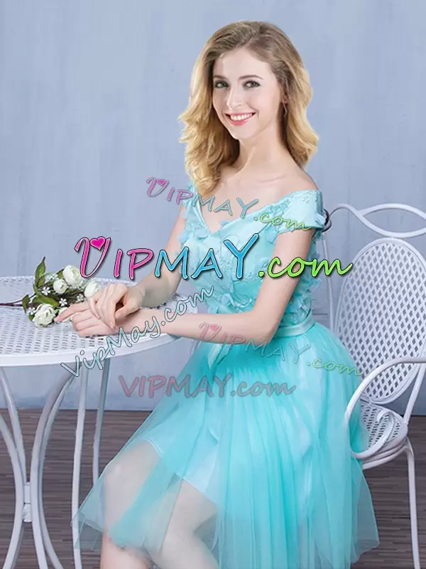 Captivating Knee Length Empire Cap Sleeves Aqua Blue Bridesmaids Dress Lace Up