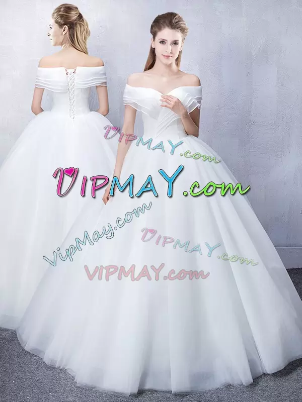 Ball Gowns Wedding Gown White Off The Shoulder Tulle Short Sleeves Floor Length Lace Up