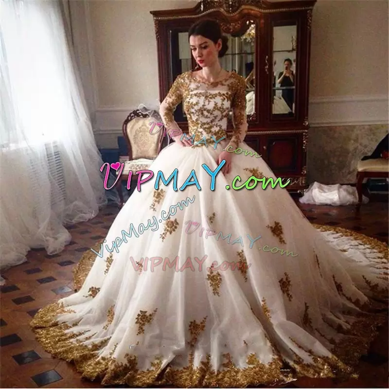 Scoop Long Sleeves Cathedral Train Zipper Wedding Dress White Tulle Appliques