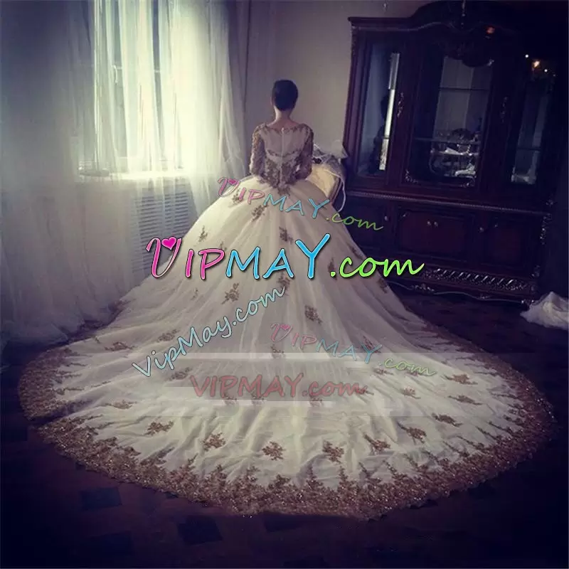 Scoop Long Sleeves Cathedral Train Zipper Wedding Dress White Tulle Appliques