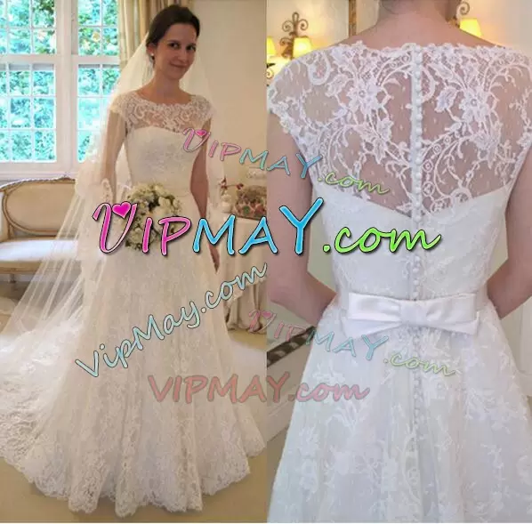 Captivating White Scalloped Neckline Lace Wedding Dresses Cap Sleeves Clasp Handle