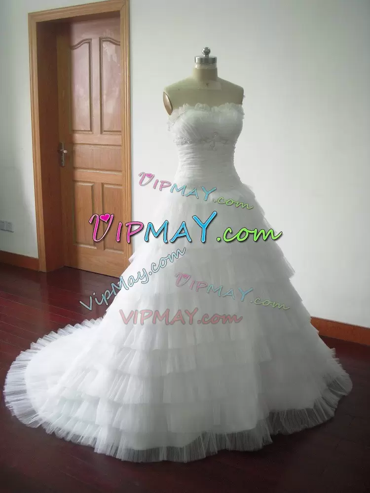 Customized Tulle Sleeveless Wedding Dresses Brush Train and Beading and Ruffled Layers