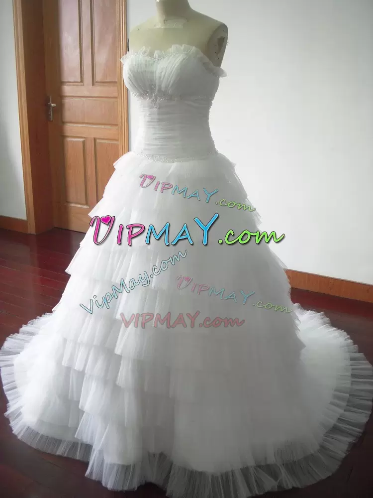 Customized Tulle Sleeveless Wedding Dresses Brush Train and Beading and Ruffled Layers