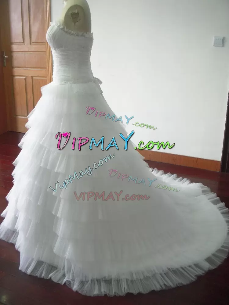 Customized Tulle Sleeveless Wedding Dresses Brush Train and Beading and Ruffled Layers