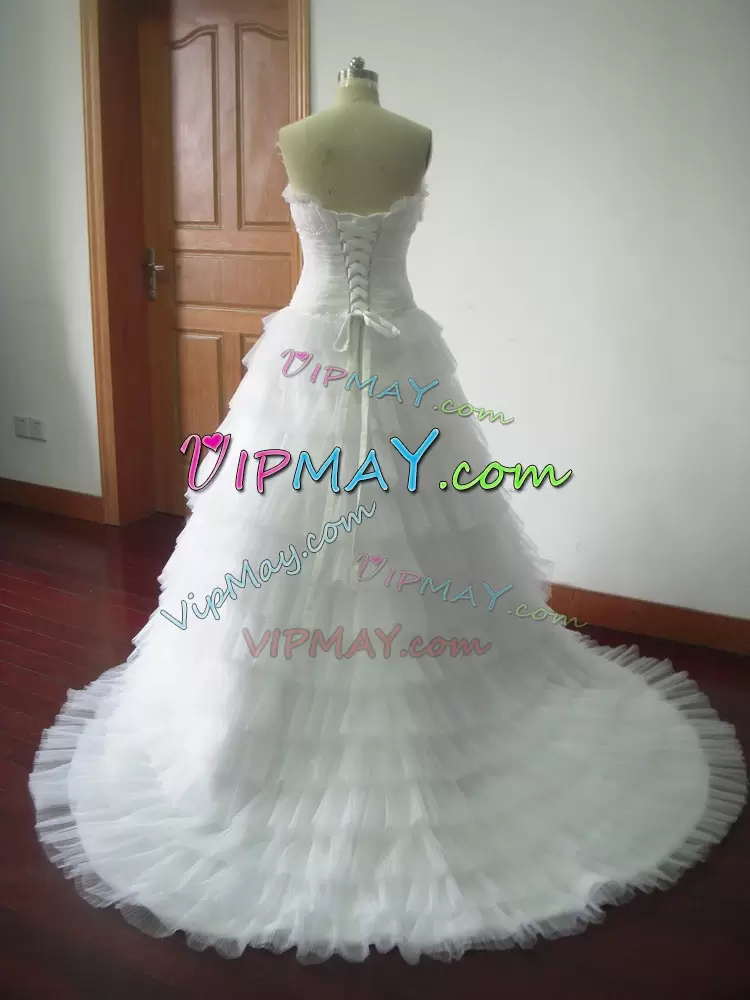 Customized Tulle Sleeveless Wedding Dresses Brush Train and Beading and Ruffled Layers