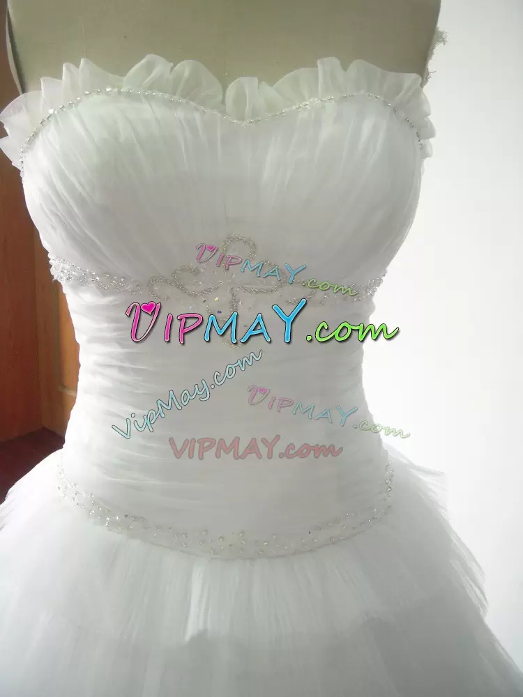 Customized Tulle Sleeveless Wedding Dresses Brush Train and Beading and Ruffled Layers