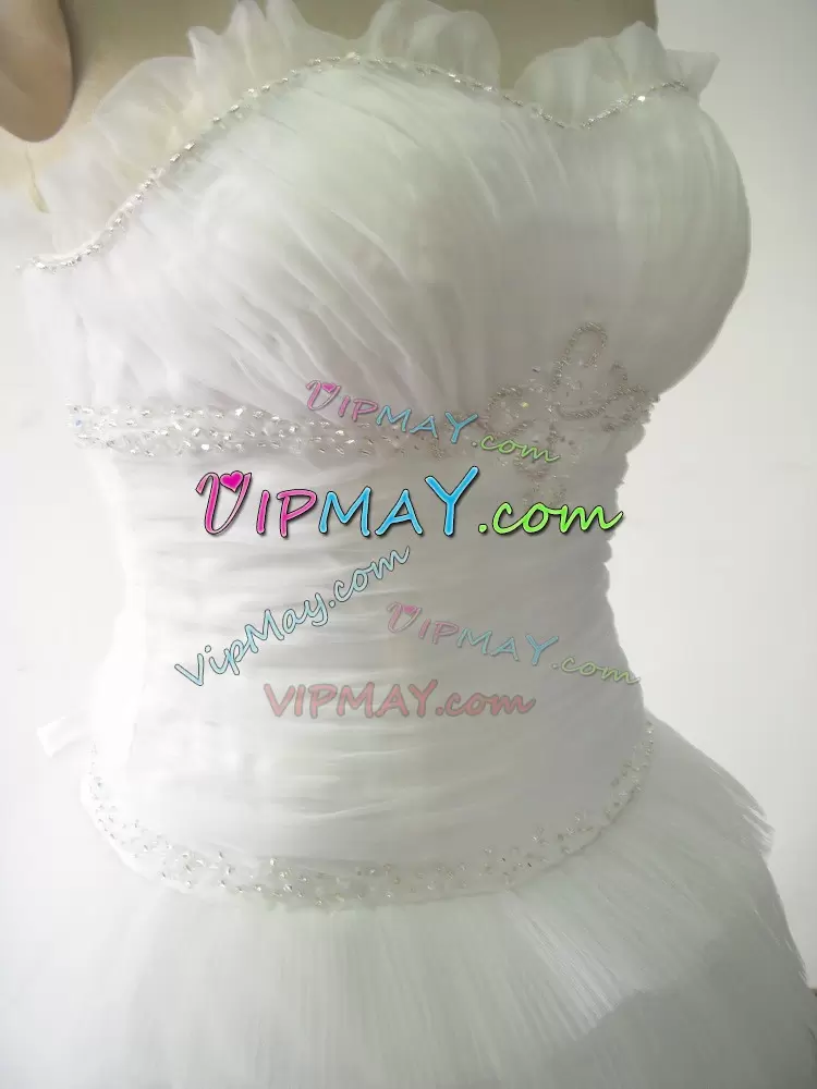 Customized Tulle Sleeveless Wedding Dresses Brush Train and Beading and Ruffled Layers