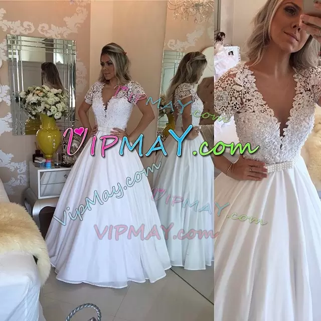 Floor Length White Wedding Dresses Organza Short Sleeves Beading and Appliques