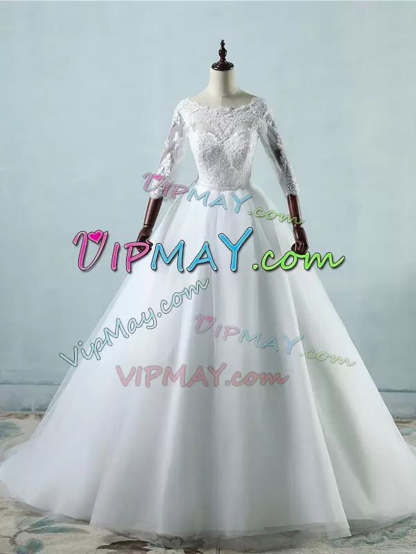 High End Sweep Train A-line Wedding Dresses White Scoop Tulle 3 4 Length Sleeve With Train Lace Up