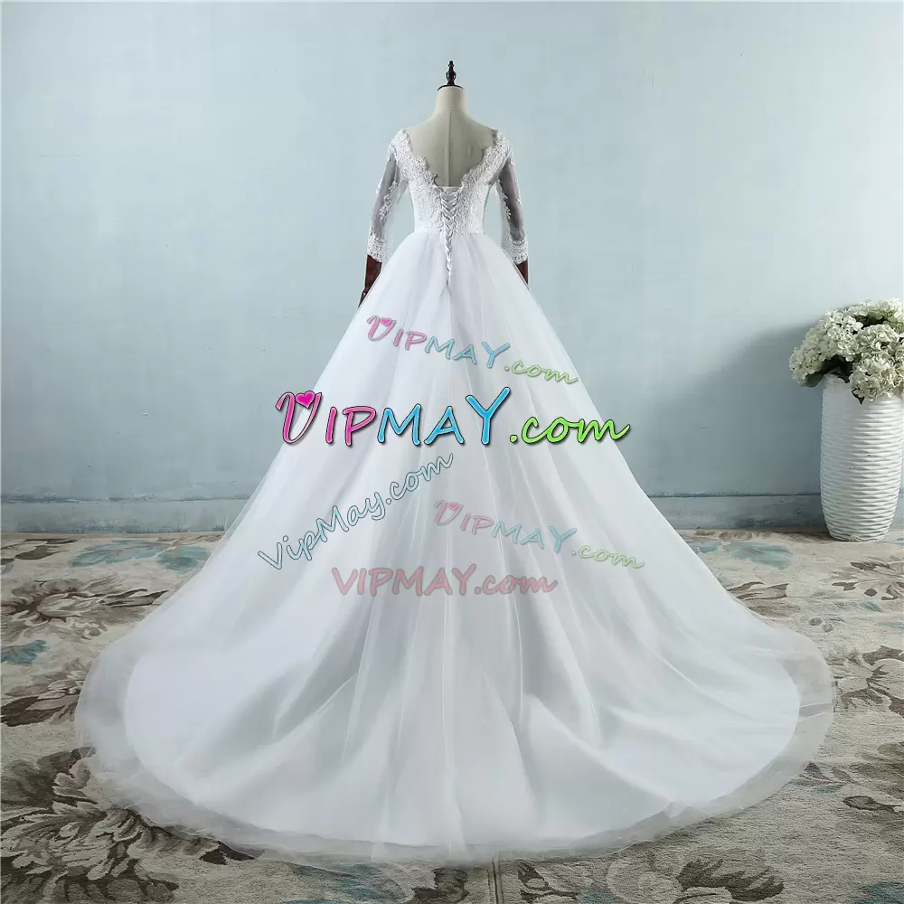 High End Sweep Train A-line Wedding Dresses White Scoop Tulle 3 4 Length Sleeve With Train Lace Up