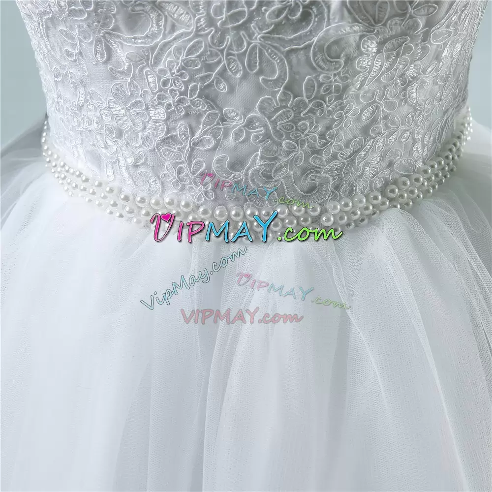 High End Sweep Train A-line Wedding Dresses White Scoop Tulle 3 4 Length Sleeve With Train Lace Up