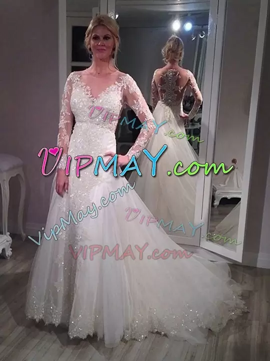 White Wedding Gown Beach and Wedding Party with Beading and Appliques V-neck Long Sleeves Court Train