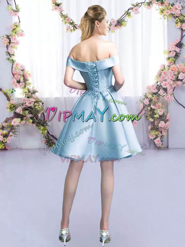 Popular Off The Shoulder Sleeveless Damas Dress Mini Length Belt Light Blue Satin