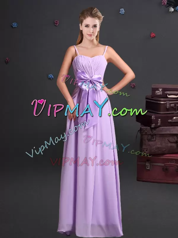 Fantastic Floor Length Lavender Bridesmaid Gown Spaghetti Straps Sleeveless Zipper