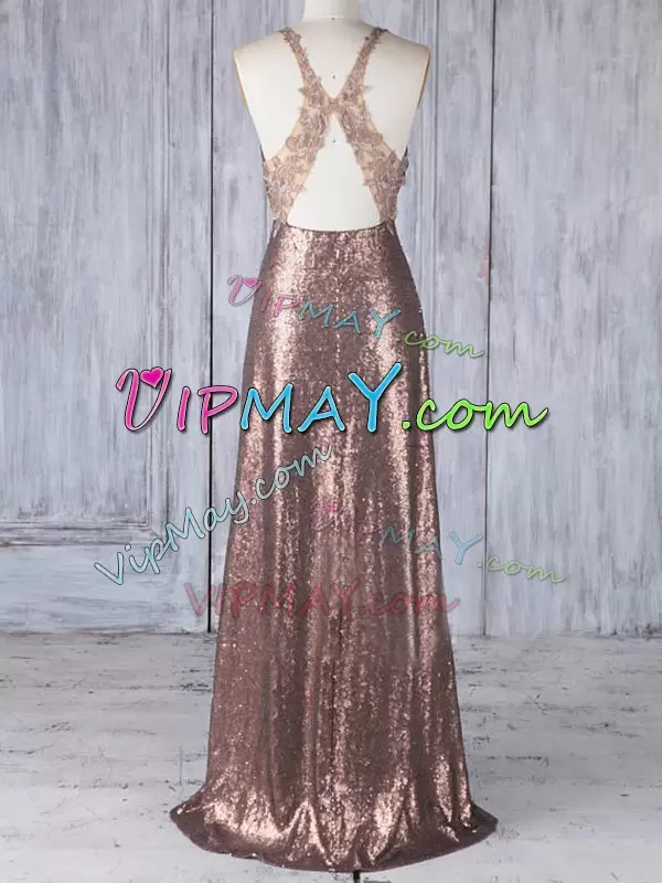 Wonderful Brown Scoop Neckline Appliques Wedding Guest Dresses Sleeveless Criss Cross