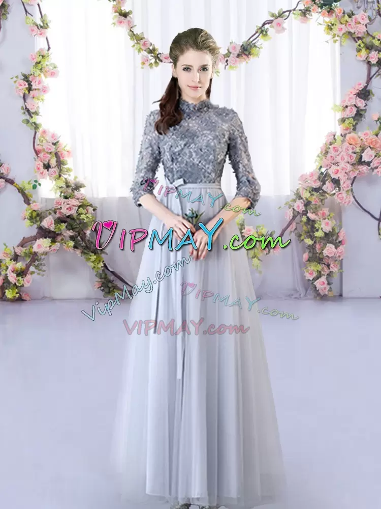 Grey Empire Appliques Damas Dress Lace Up Tulle Half Sleeves Floor Length