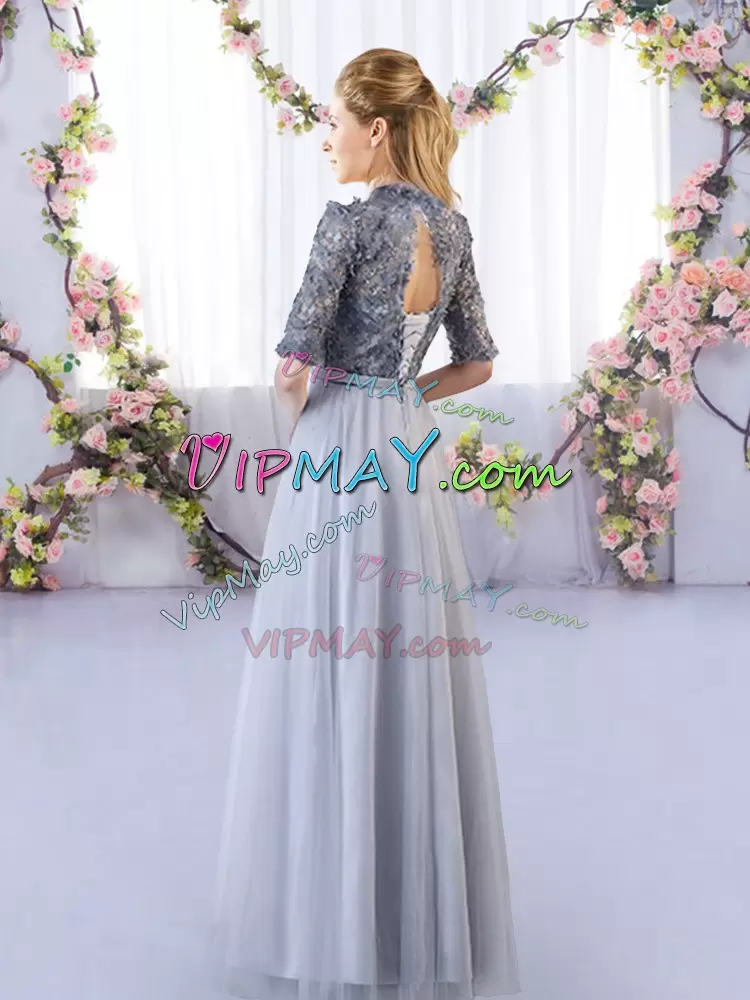 Grey Empire Appliques Damas Dress Lace Up Tulle Half Sleeves Floor Length