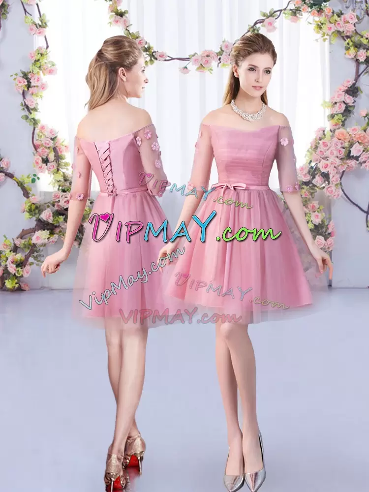 Artistic Mini Length Pink Quinceanera Court Dresses V-neck Half Sleeves Lace Up