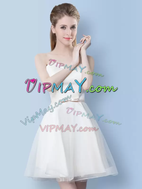 Custom Design Sweetheart Sleeveless Lace Up Bridesmaid Dresses White Tulle Bowknot