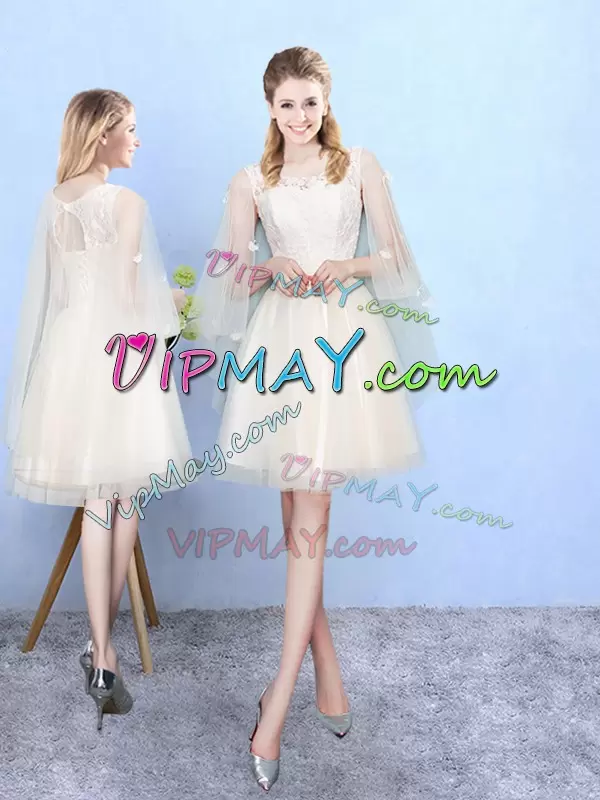 V-neck Cap Sleeves Vestidos de Damas Knee Length Lace Champagne Tulle