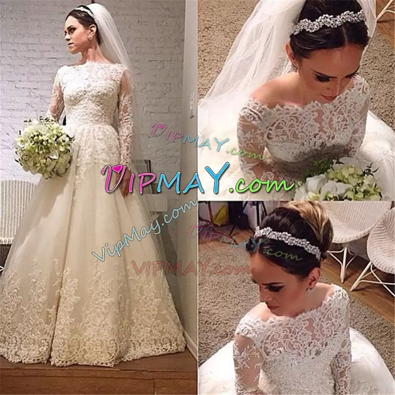 White Lace Up Wedding Dress Appliques Long Sleeves Floor Length