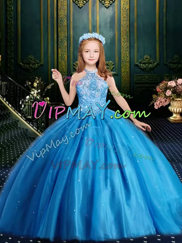 Fantastic Baby Blue Halter Top Neckline Beading and Sequins Little Girls Pageant Dress Sleeveless Lace Up