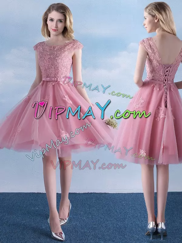 Pink Empire Tulle Scoop Cap Sleeves Appliques and Belt Knee Length Lace Up Damas Dress