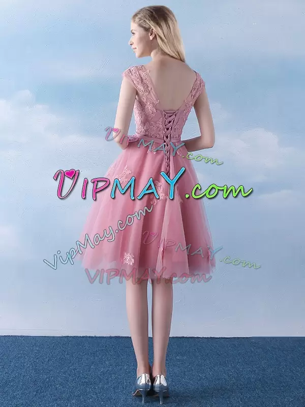 Pink Empire Tulle Scoop Cap Sleeves Appliques and Belt Knee Length Lace Up Damas Dress