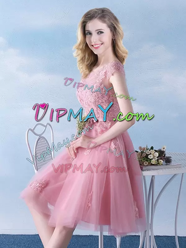 Pink Empire Tulle Scoop Cap Sleeves Appliques and Belt Knee Length Lace Up Damas Dress